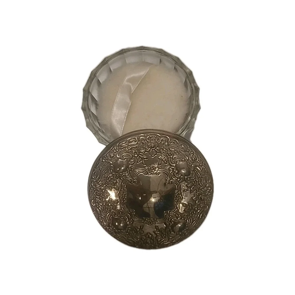 Vintage Silver Plate 4 Piece Vanity Set Comb Brush‎ Mirror And Glass Powder Con.